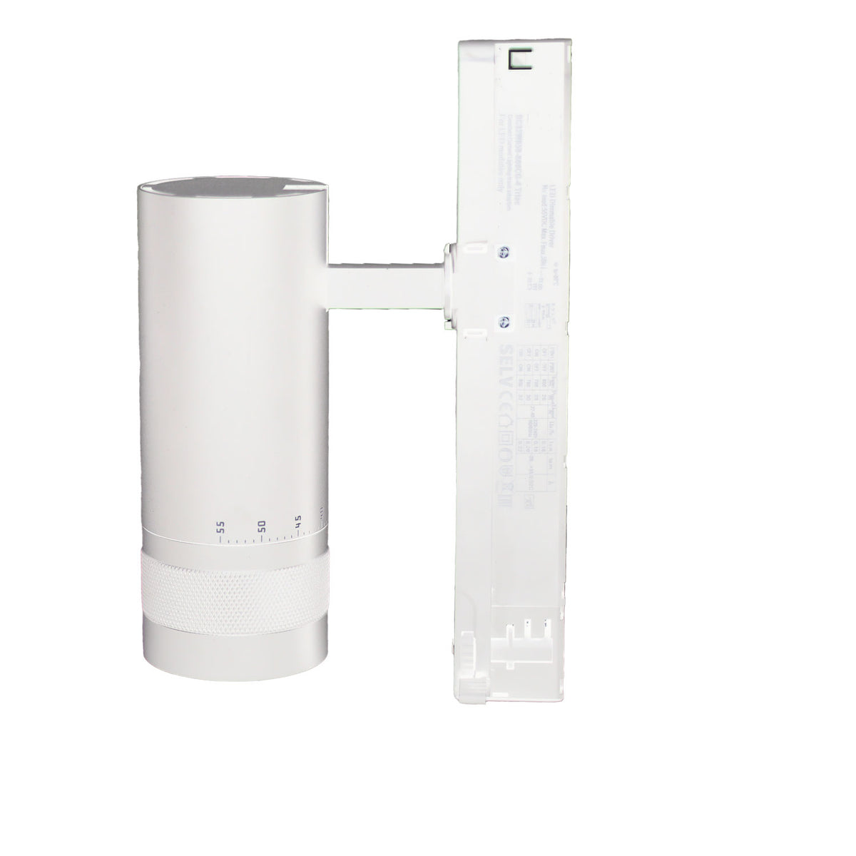 3-phase track spotlight, focusable, 24W, 20°-55°, matte white, 3000K, DALI dimmable