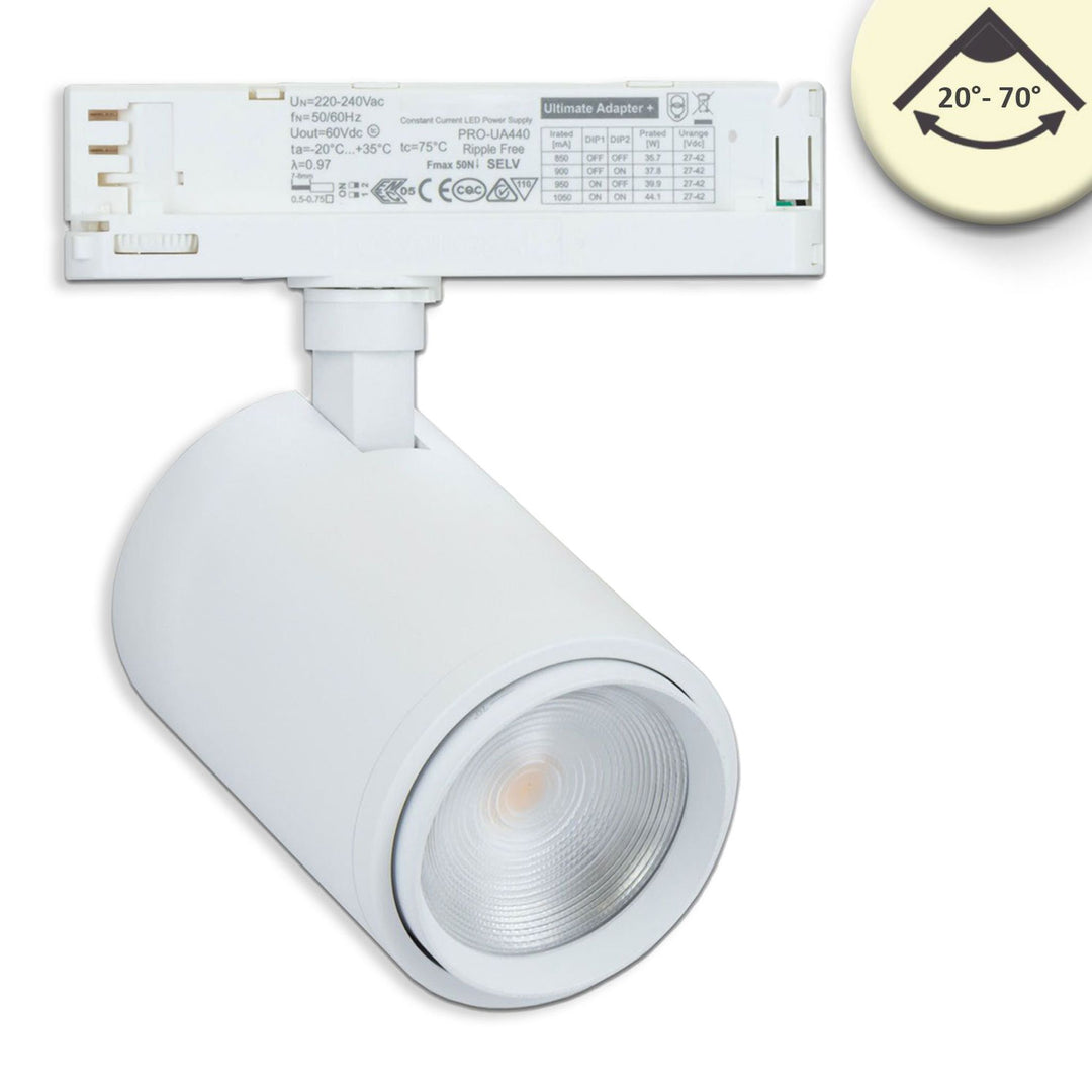 3-phase track spotlight, focusable, 42W, 20°-70°, matte white, 3000K, CRI92, dimmable