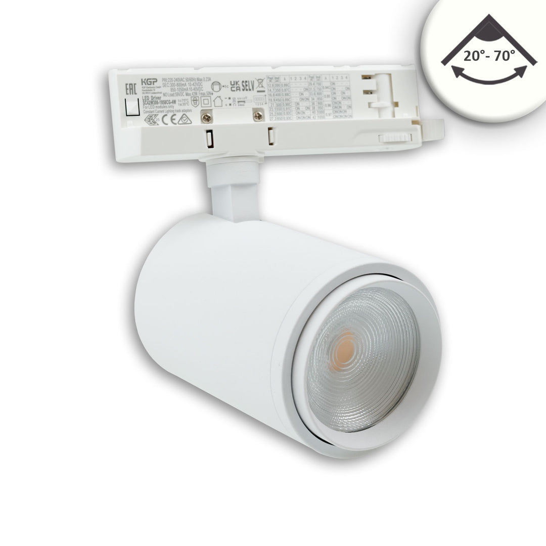 3-phase track spotlight, focusable, 42W, 20°-70°, matte white, 4000K, CRI92, dimmable