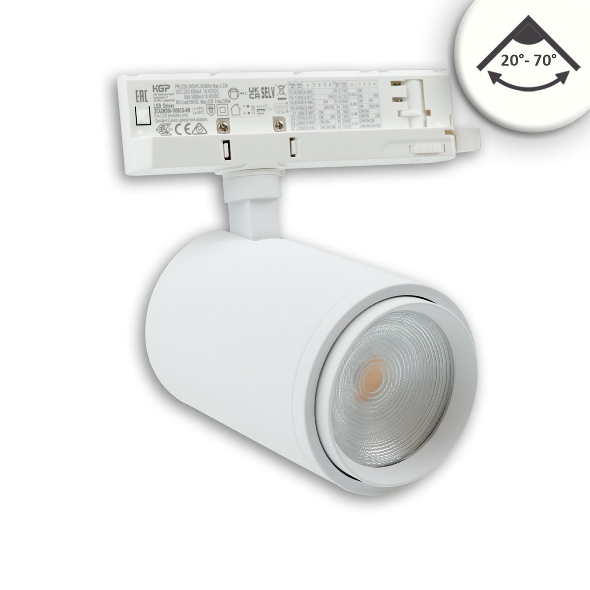 3-phase track spotlight, focusable, 42W, 20°-70°, matte white, 4000K, CRI92, dimmable