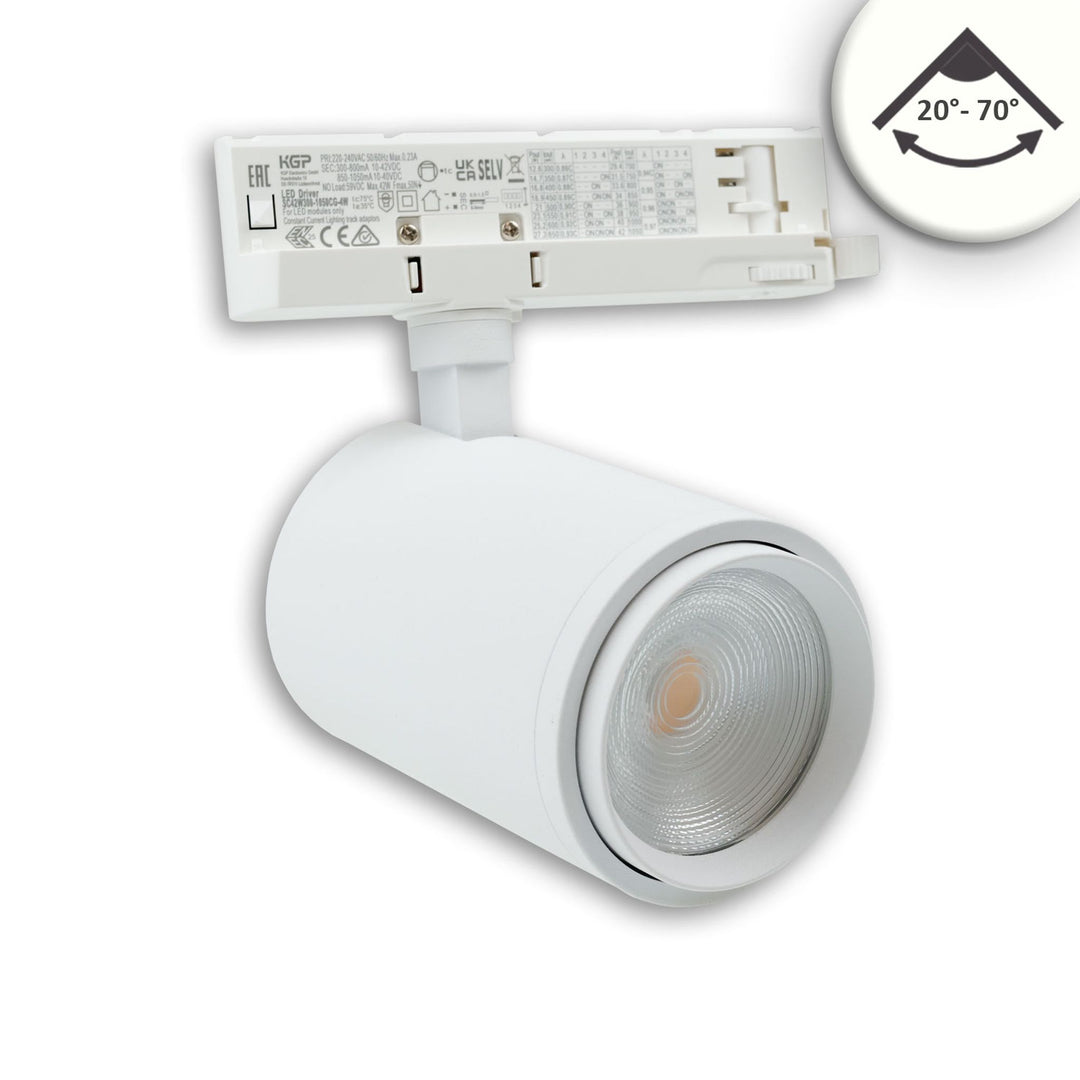 3-phase track spotlight, focusable, 42W, 20°-70°, matte white, 4000K, CRI92, dimmable