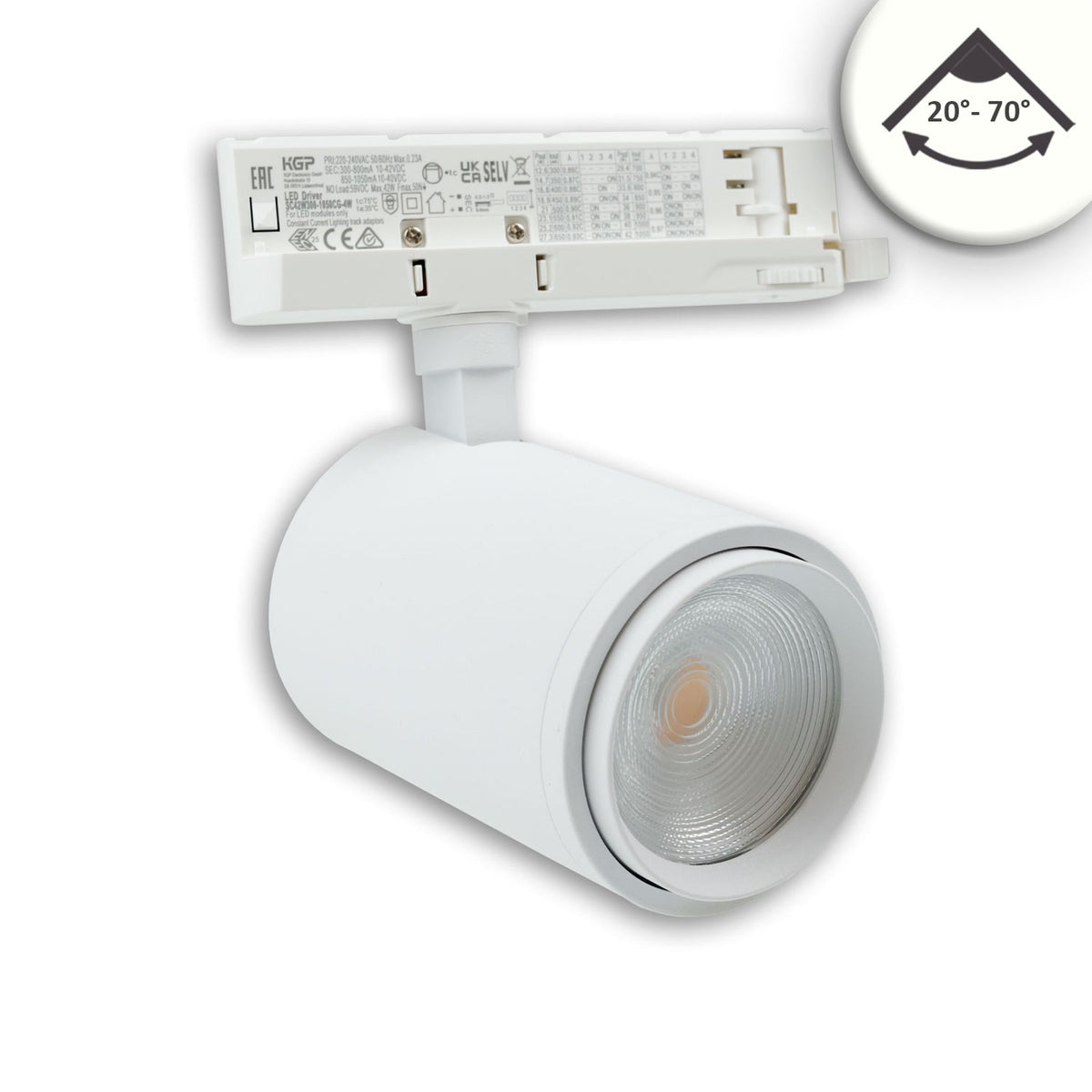 3-phase track spotlight, focusable, 42W, 20°-70°, matte white, 4000K, CRI92, dimmable