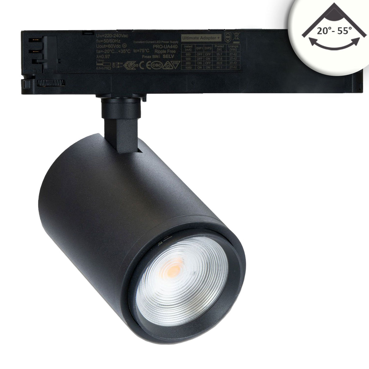 3-phase track spotlight, focusable, 42W, 20°-70°, matte black, 4000K, CRI92, dimmable