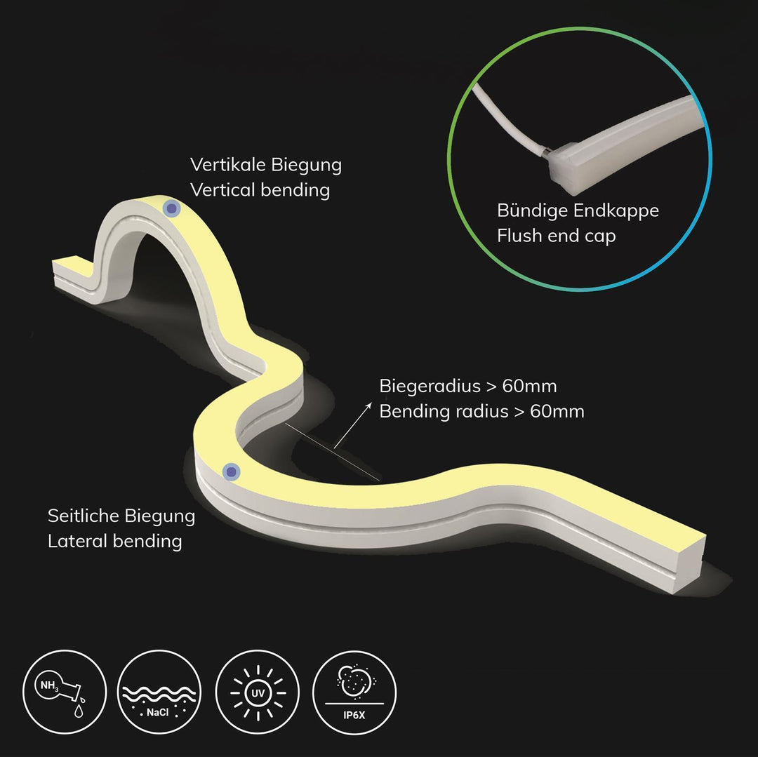LED NeonPRO921 Custom Flexband Twist+Bend B16H16, 24V DC, 10W, IP67, 2100K, 140 LED/m, inkl. Clips