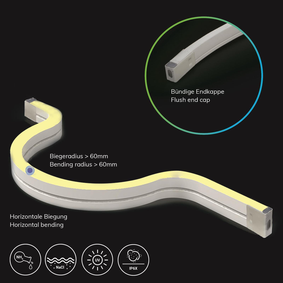 LED NeonPRO930 Custom Flexband B04H08, 24V DC, 10W, IP67, 3000K, 5m Rolle, 180 LED/m, inkl. Clips