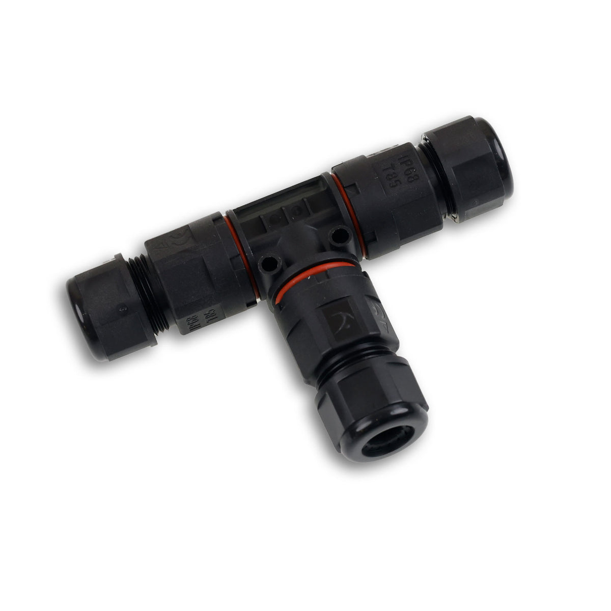 Cable T-connector IP67, 3-pole 0.75-2.5mm² with spring clamp, max. 250V 16A, sheath diameter 6.5-11mm
