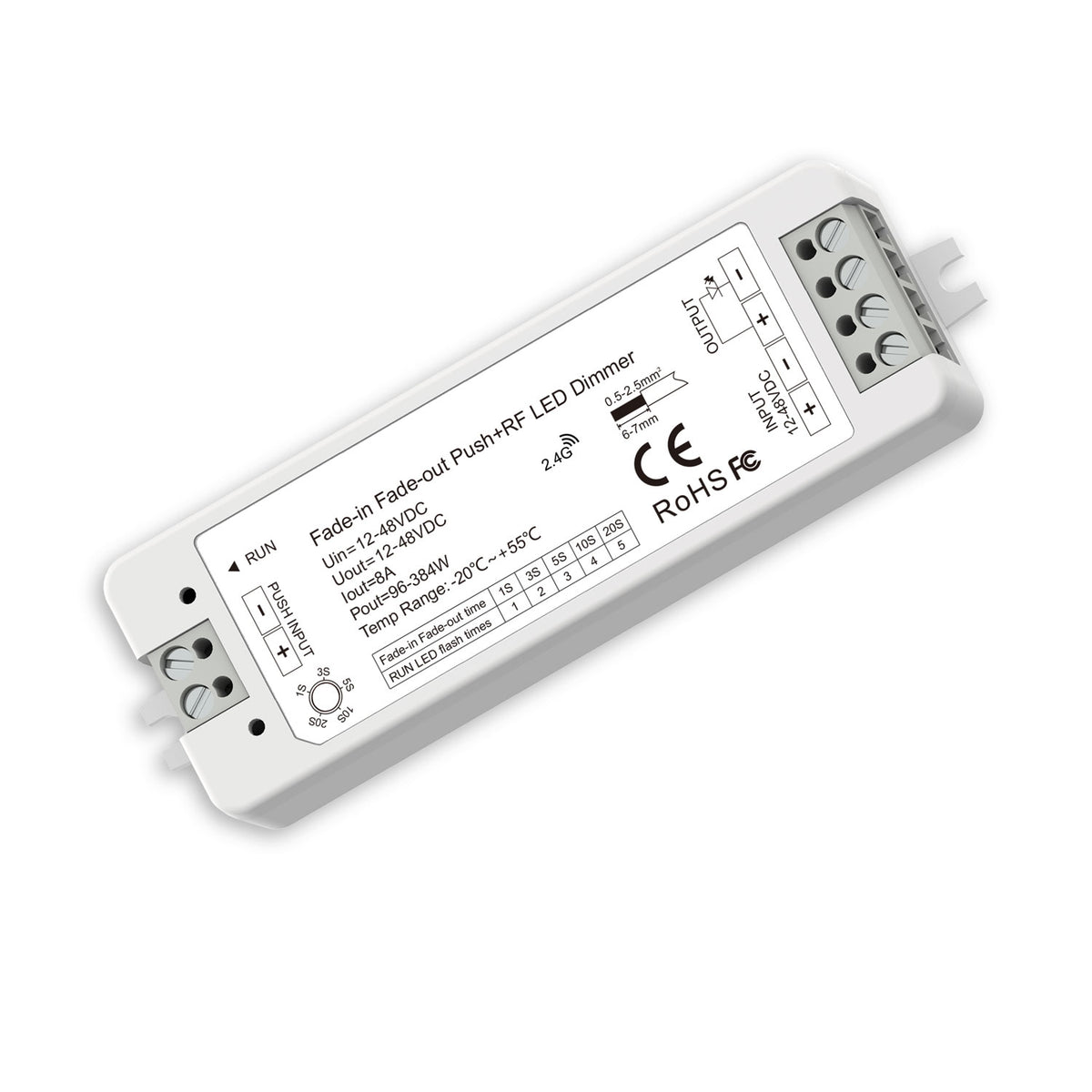 Sys-Pro push/radio soft-on/soft-off PWM dimmer, 1 channel, 12-48V DC 8A