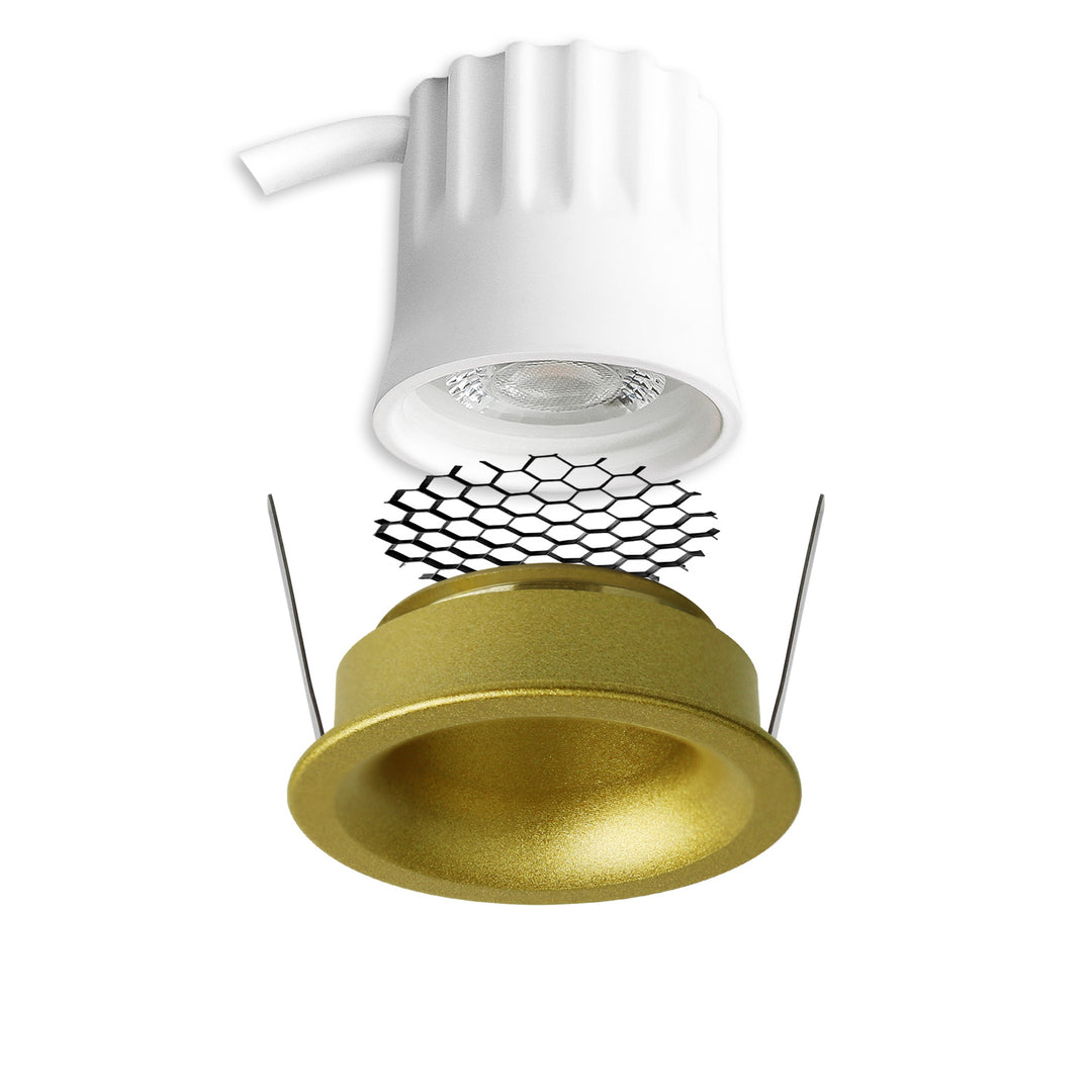 LED Einbaustrahler BACK32, gold, rund, 5W, CRI90, 2700K, rückversetzt, Honeycomb, dimmbar