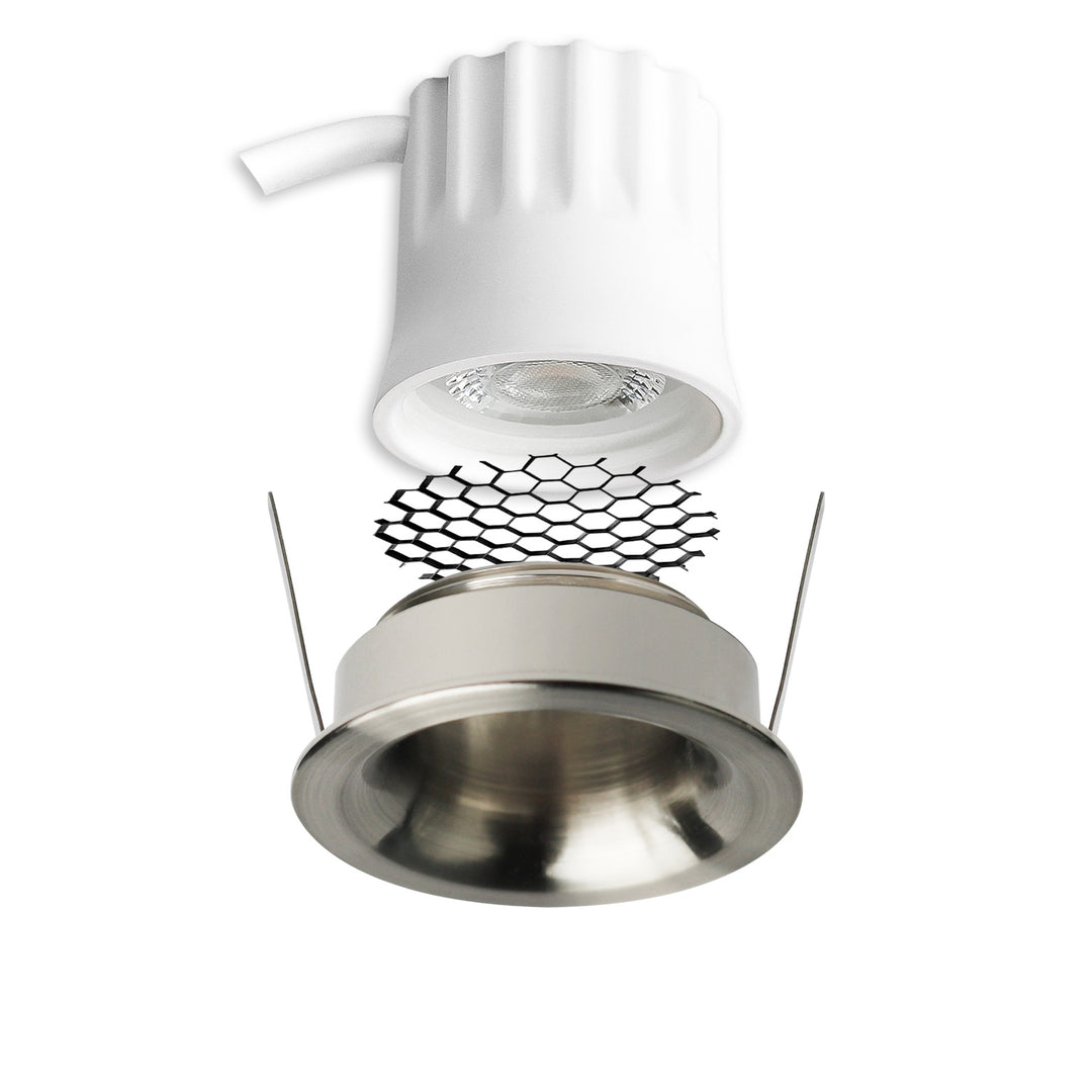 LED Einbaustrahler BACK32, nickel geb., rund, 5W, CRI90, 3000K, rückversetzt, Honeycomb, dimmbar