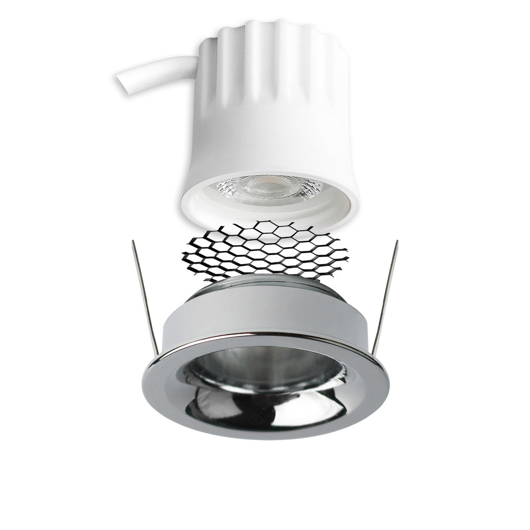 LED Einbaustrahler BACK32, alu glänzend, rund, 5W, CRI90, 2700K, rückversetzt, Honeycomb, dimmbar
