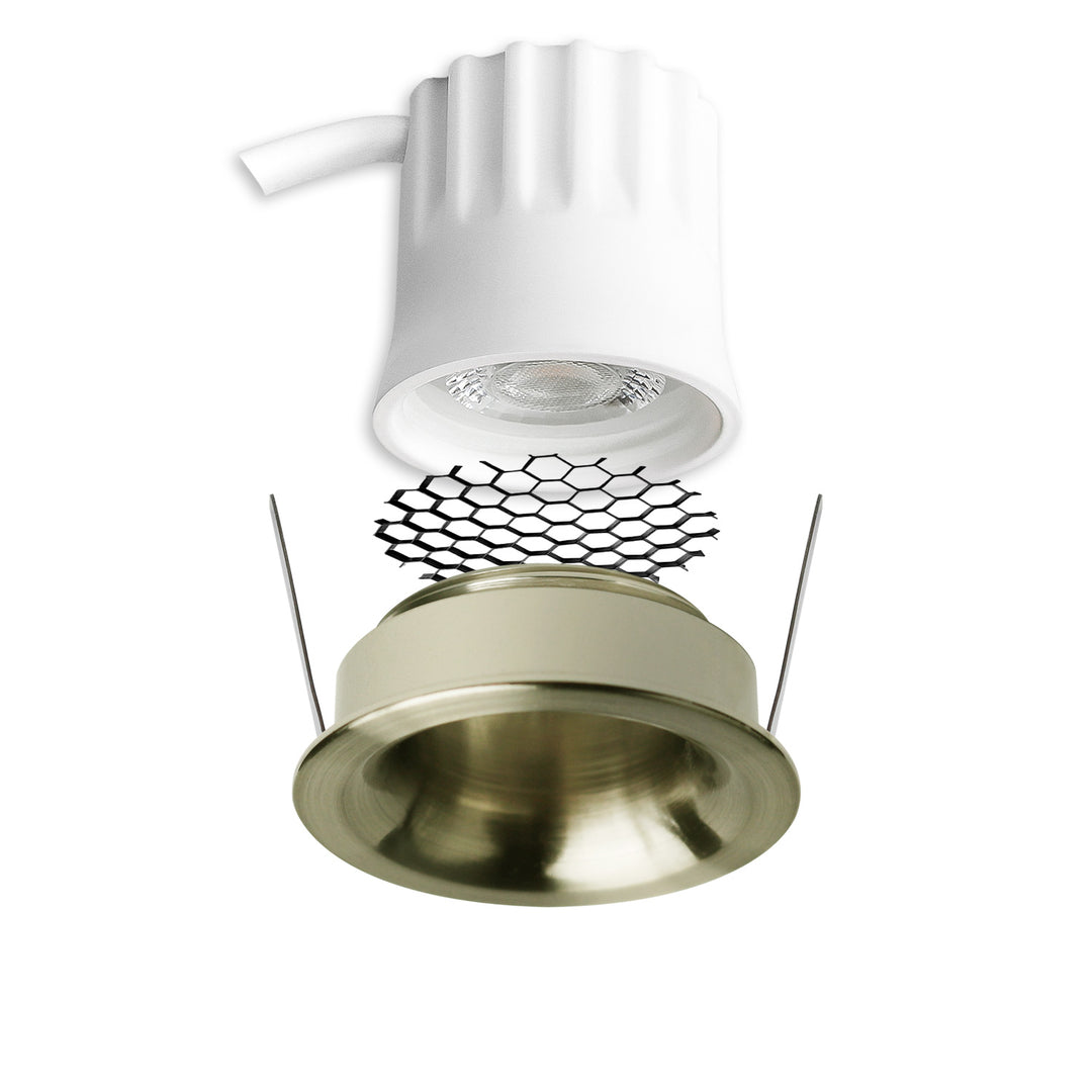 LED Einbaustrahler BACK32, messing geb., rund, 5W, CRI90, 3000K, rückversetzt, Honeycomb, dimmbar