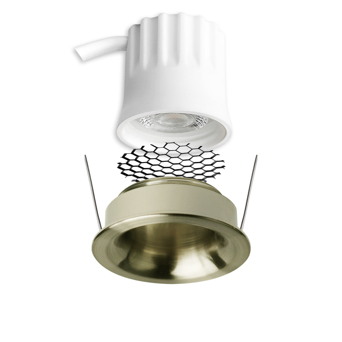 LED Einbaustrahler BACK32, messing geb., rund, 5W, CRI90, 3000K, rückversetzt, Honeycomb, dimmbar
