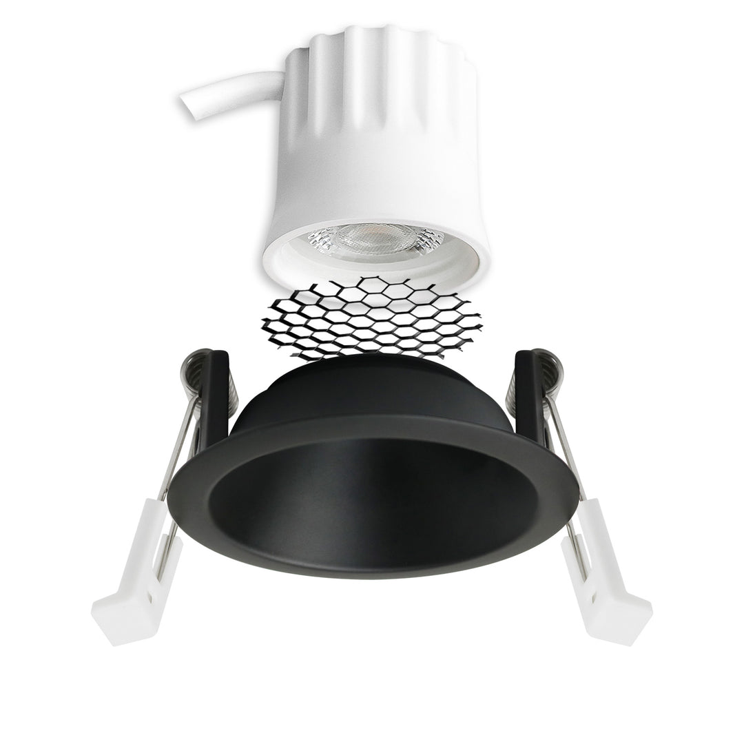 LED Einbaustrahler BACK45, schwarz matt, rund, 5W, CRI90, 3000K, rückversetzt, Honeycomb, dimmbar