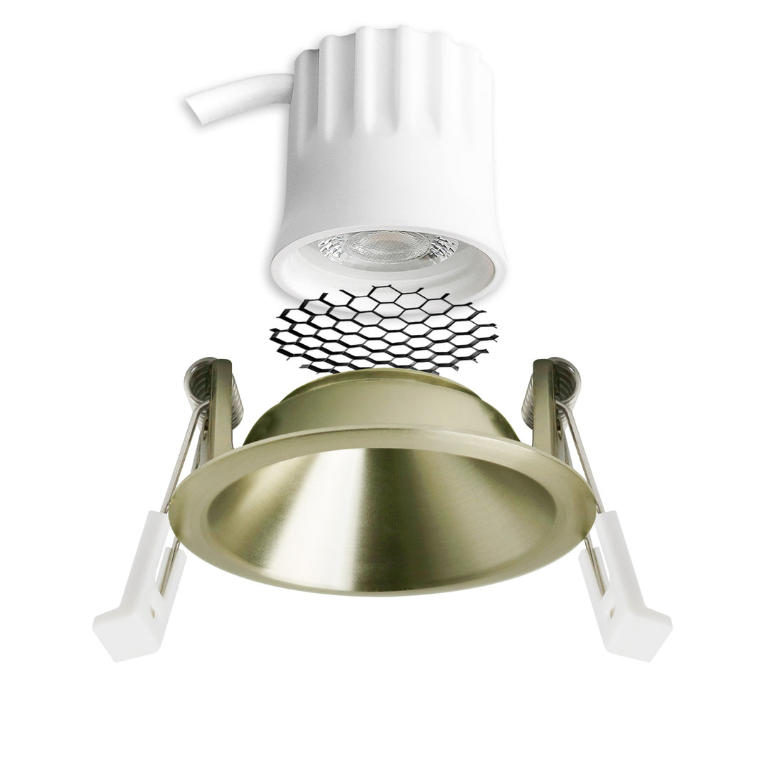 LED recessed spotlight BACK45, brass-plated, round, 5W, CRI90, 3000K, recessed, honeycomb, dimmable