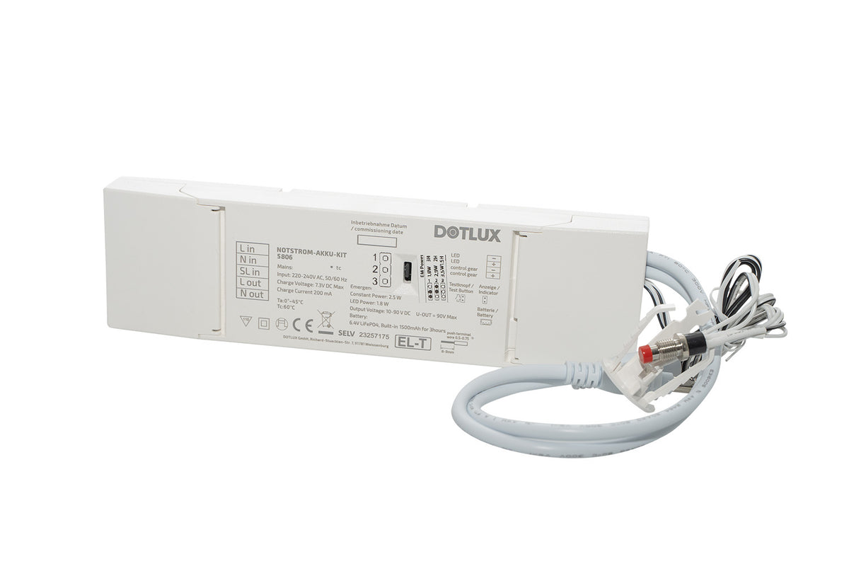 DOTLUX Emergency Power Battery Kit 1.8W Constant Power 3h for constant current LED lights with external test button LiFePO4 6.4V with self-test