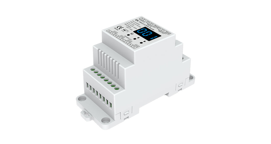 DOTLUX DMX receiver/dimmer with integrated stand-alone function, 4 channels, 12-24V DC, 4x5A, DIN rail mounting