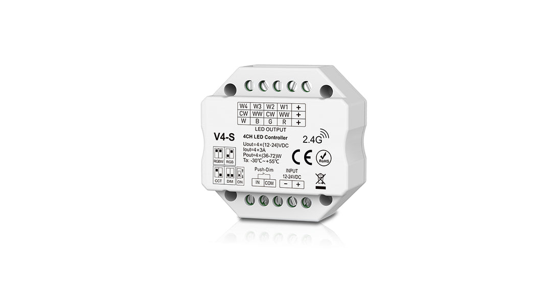 DOTLUX 4-in-1 LED Radio Receiver/Dimmer for Multicolor LED Strips, Fusion Technology, 4 x 3A, 12-24V