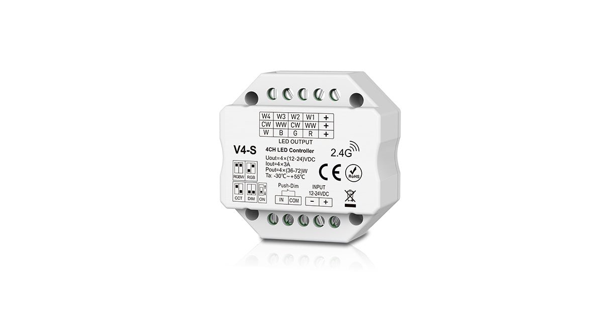 DOTLUX 4-in-1 LED Radio Receiver/Dimmer for Multicolor LED Strips, Fusion Technology, 4 x 3A, 12-24V